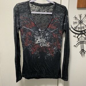 Rebel Saints Long Sleeve Tee Y2K AOP Red Black Wings Back